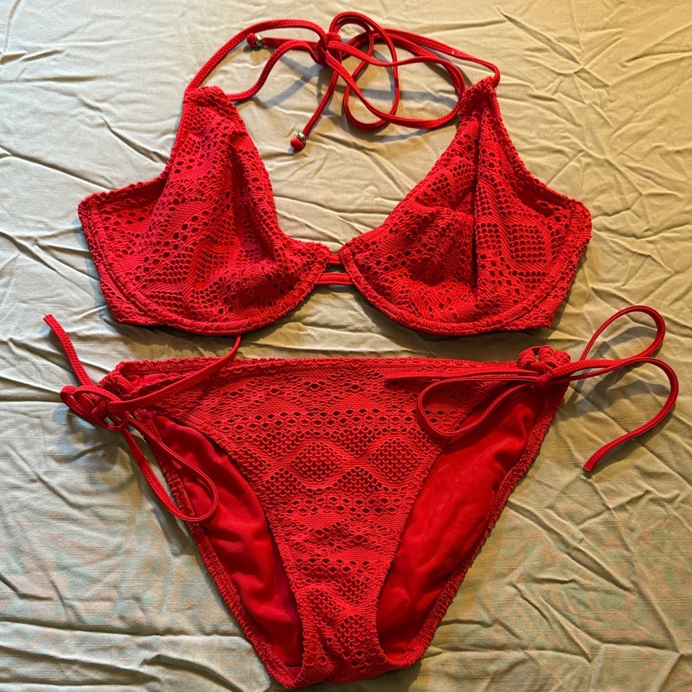 Freya Red Crochet Halter Bikini Set
